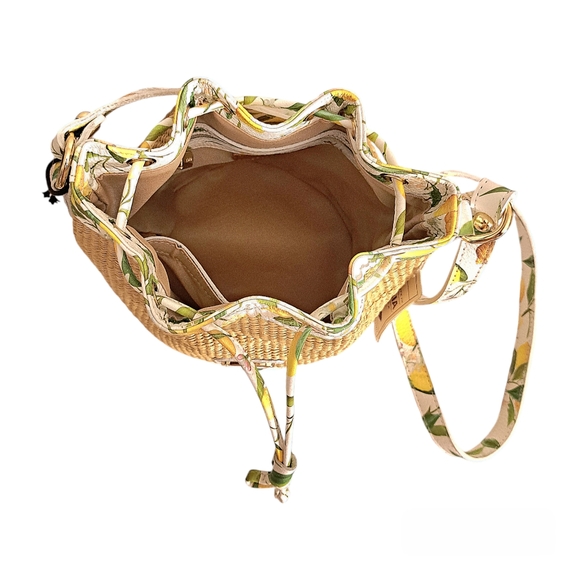 Valentina Leather & Raffia Lemon Design Crossbody Bucket Bag - Picture 5 of 8